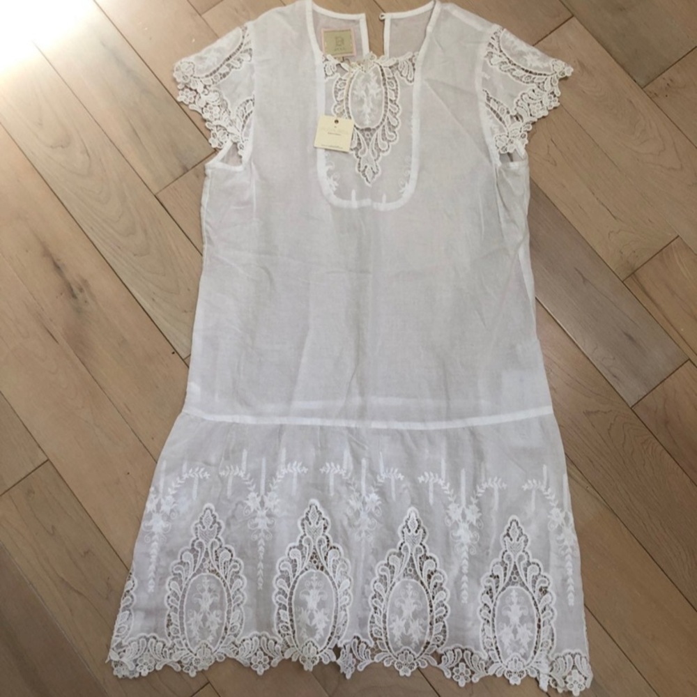 BELL by Alicia designer lightweight thin white cotton lace trim dress L